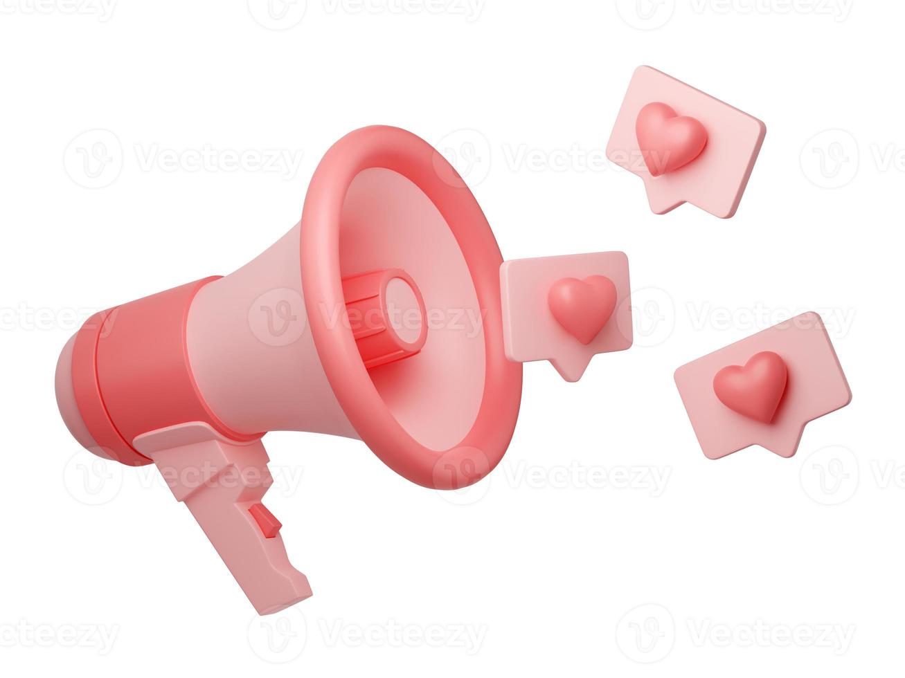 Loudspeaker with hearts on speech bubbles 3d render - pink megaphone banner with love and high review symbols photo