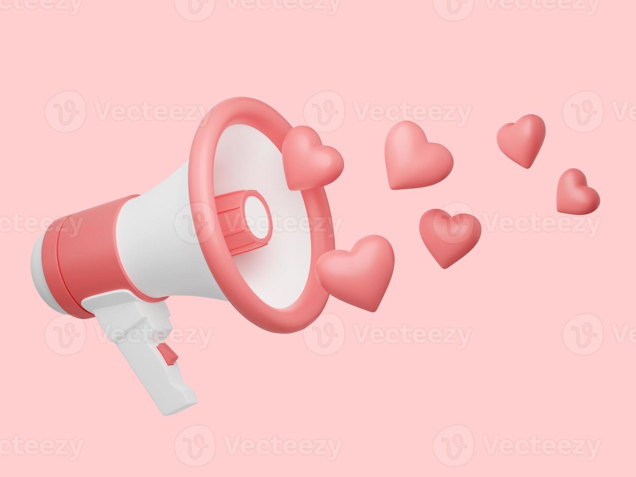 Loudspeaker with hearts 3d render - pink megaphone banner with love symbols. photo