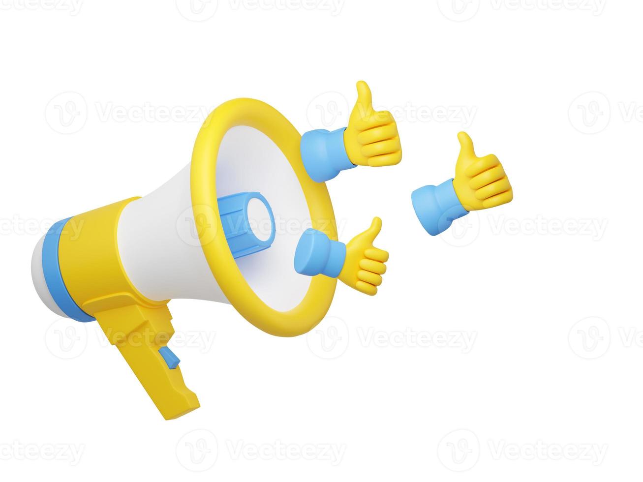 Loudspeaker with thumbs up hand icons 3d render - megaphone banner with like symbols. photo