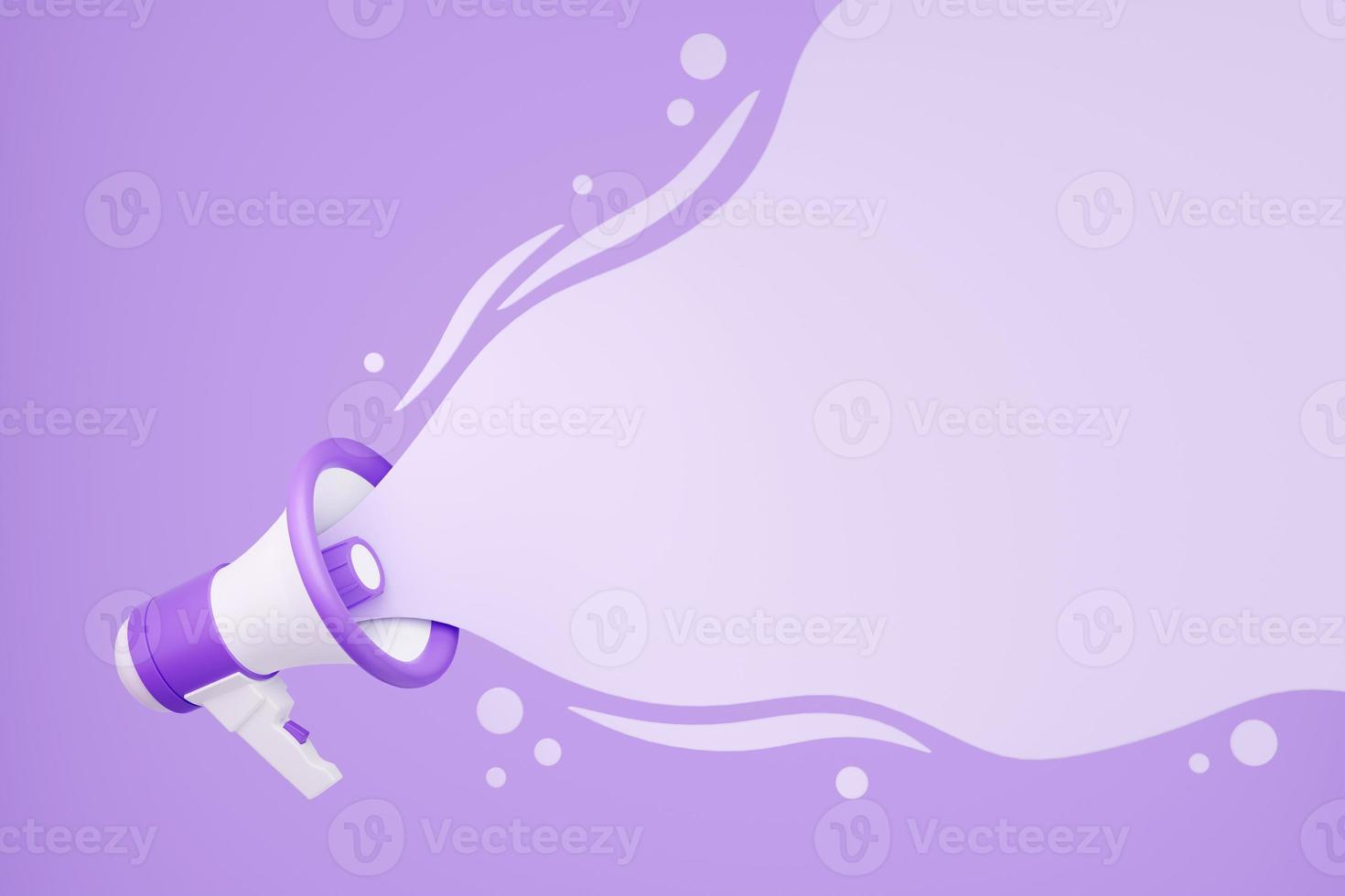 Loudspeaker 3d render - purple megaphone banner with empty space for text for announcement or advertising message. photo