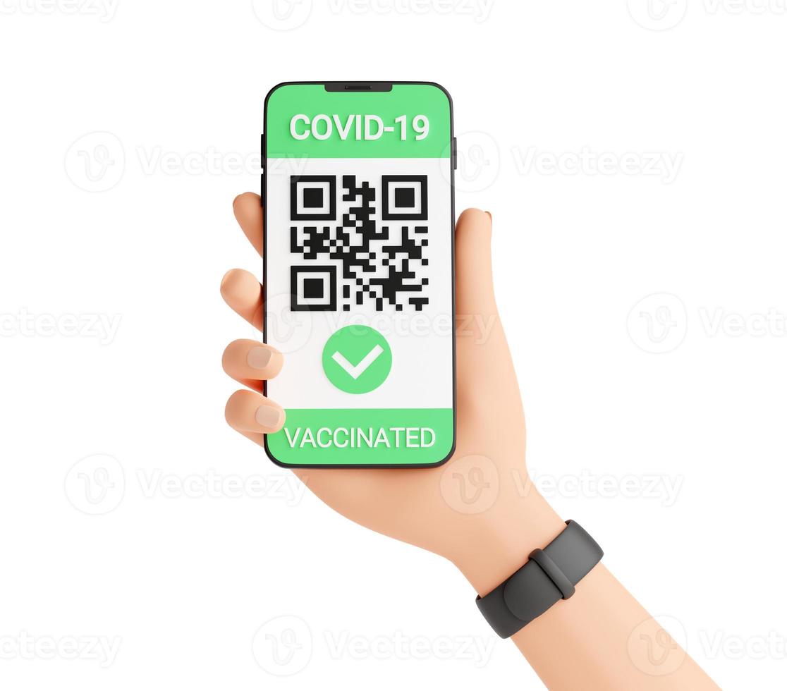 Green COVID vaccination certificate - qr code and check mark on mobile phone screen in human hand 3d render. photo