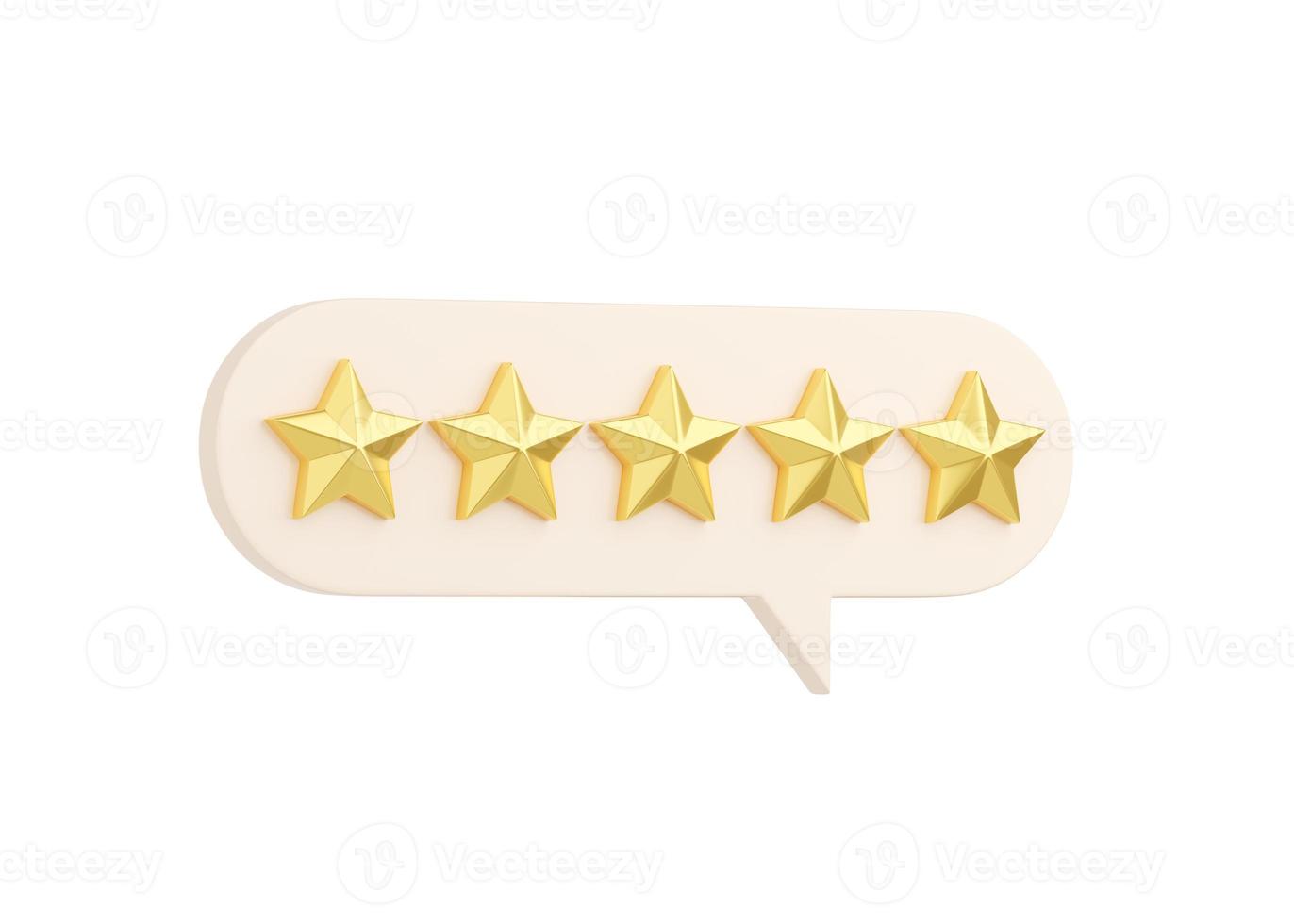 Customer review 3d render illustration - five golden stars on speech bubble. photo