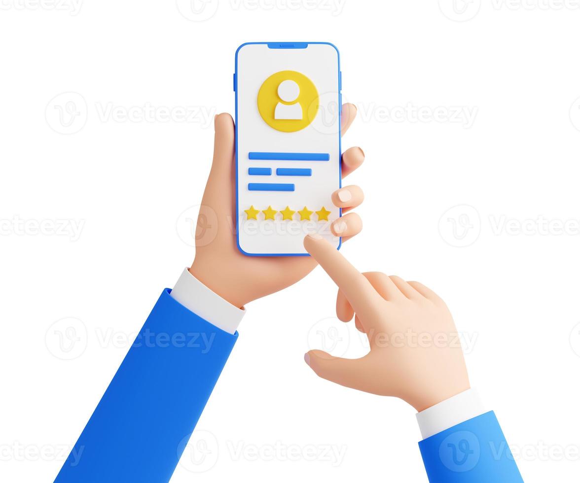 Customer review 3d render illustration - human hands holding mobile phone and making rate with 5 stars. photo
