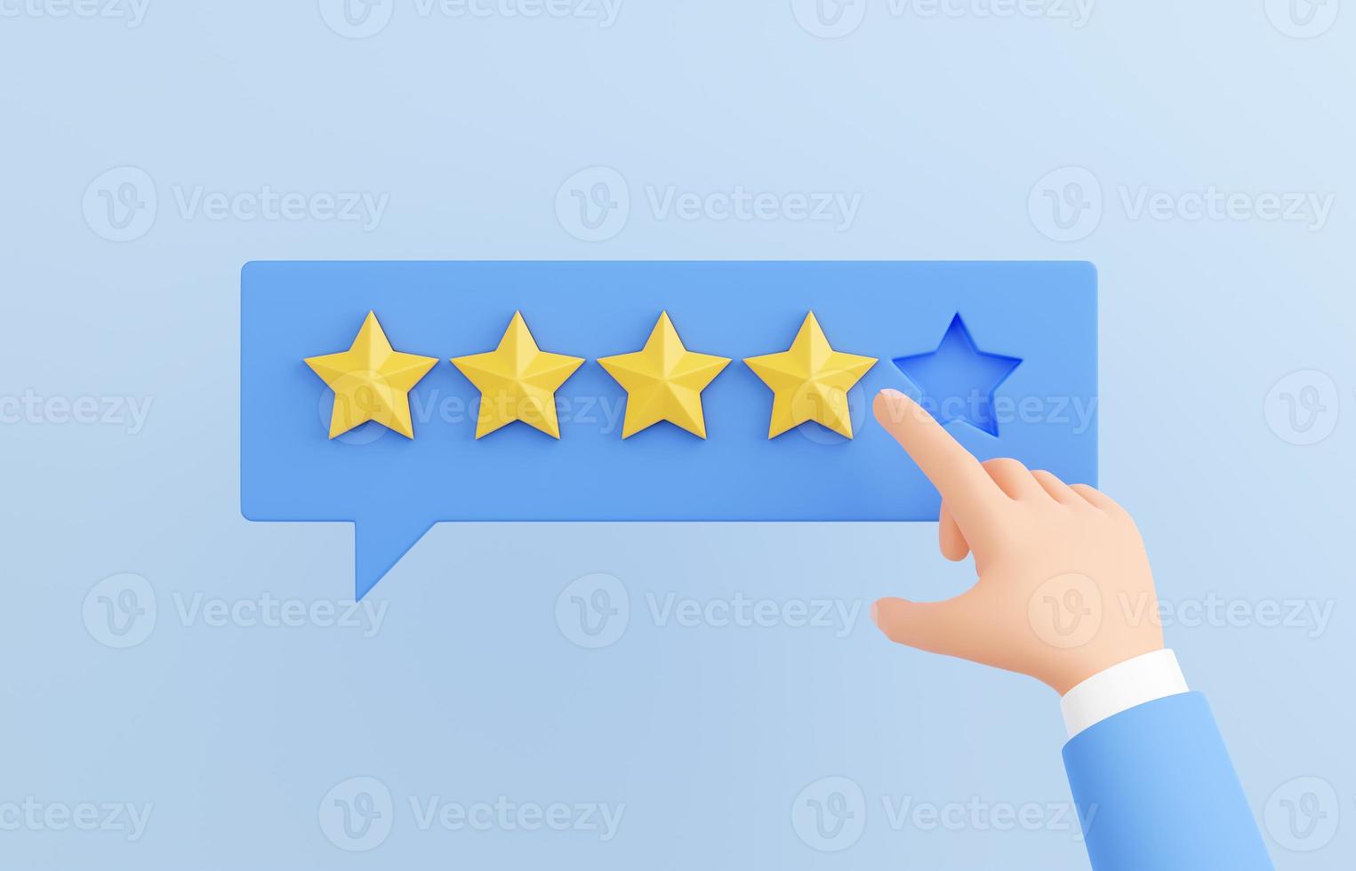 Customer review 3d render - human hand marking 4 star on speech buble. Positive client experience concept. photo