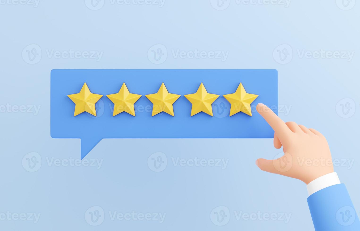 Customer review 3d render - human hand marking 5 star on speech buble. Positive client experience concept. photo