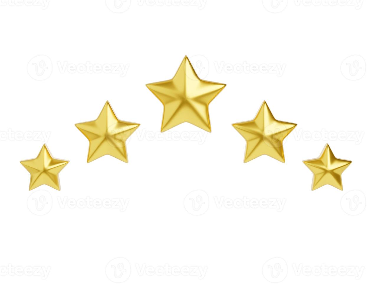 Five golden stars 3d render illustration for customer review concept. Positive client experience concept. photo