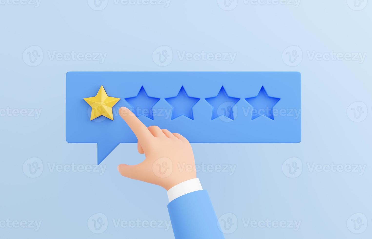 Customer review 3d render - human hand marking 1 star on speech buble. Negative client experience concept. photo