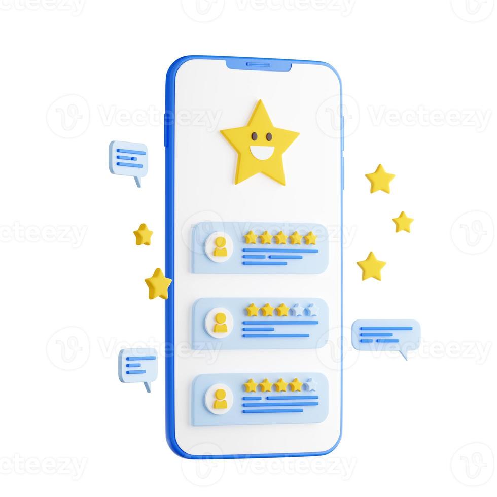 Customer review 3d render - mobile phone with feedback application with star rating and comments from users. photo