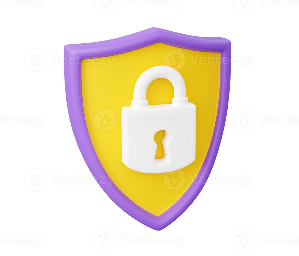 Shield with padlock 3d render - security and safety concept with close lock sign on shield. photo