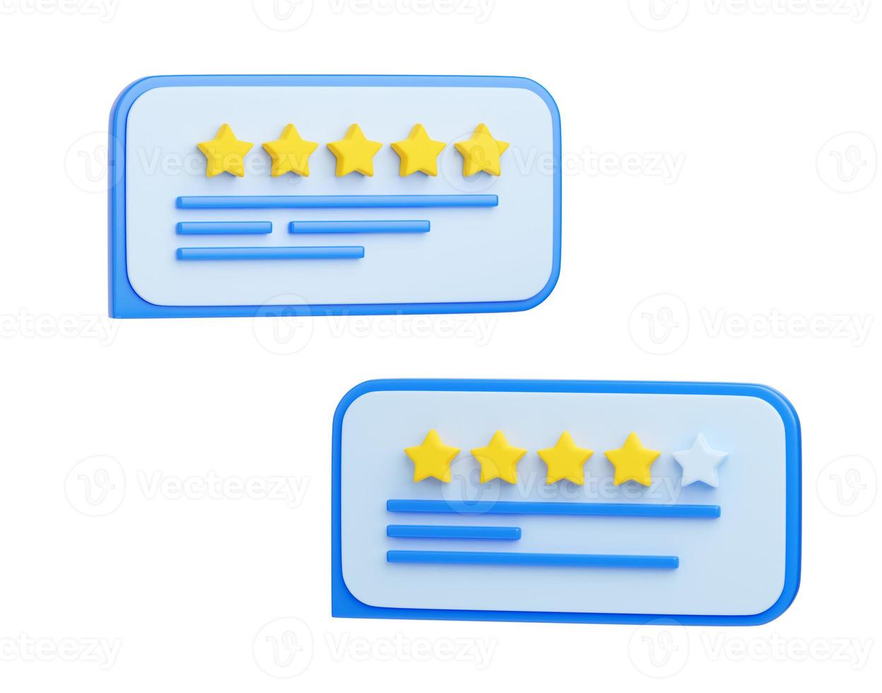 Customer review 3d render illustration - stars and text message on speech bubble. photo