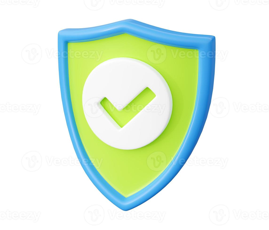 Shield with tick 3d render - security and safety concept with check mark on shield. photo