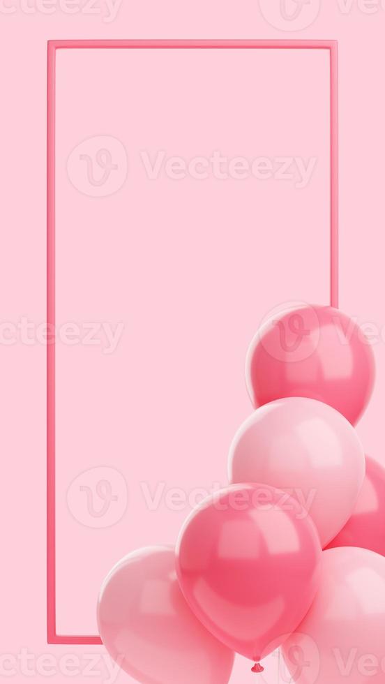 Congratulation banner with balloons and frame on pink background - 3d render social media story. photo