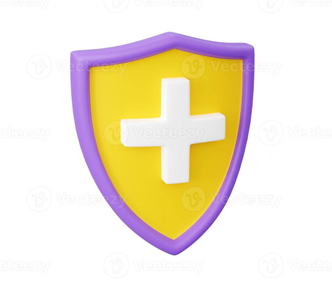 Shield with cross 3d render - medical care and health safety concept with plus sign on shield. photo