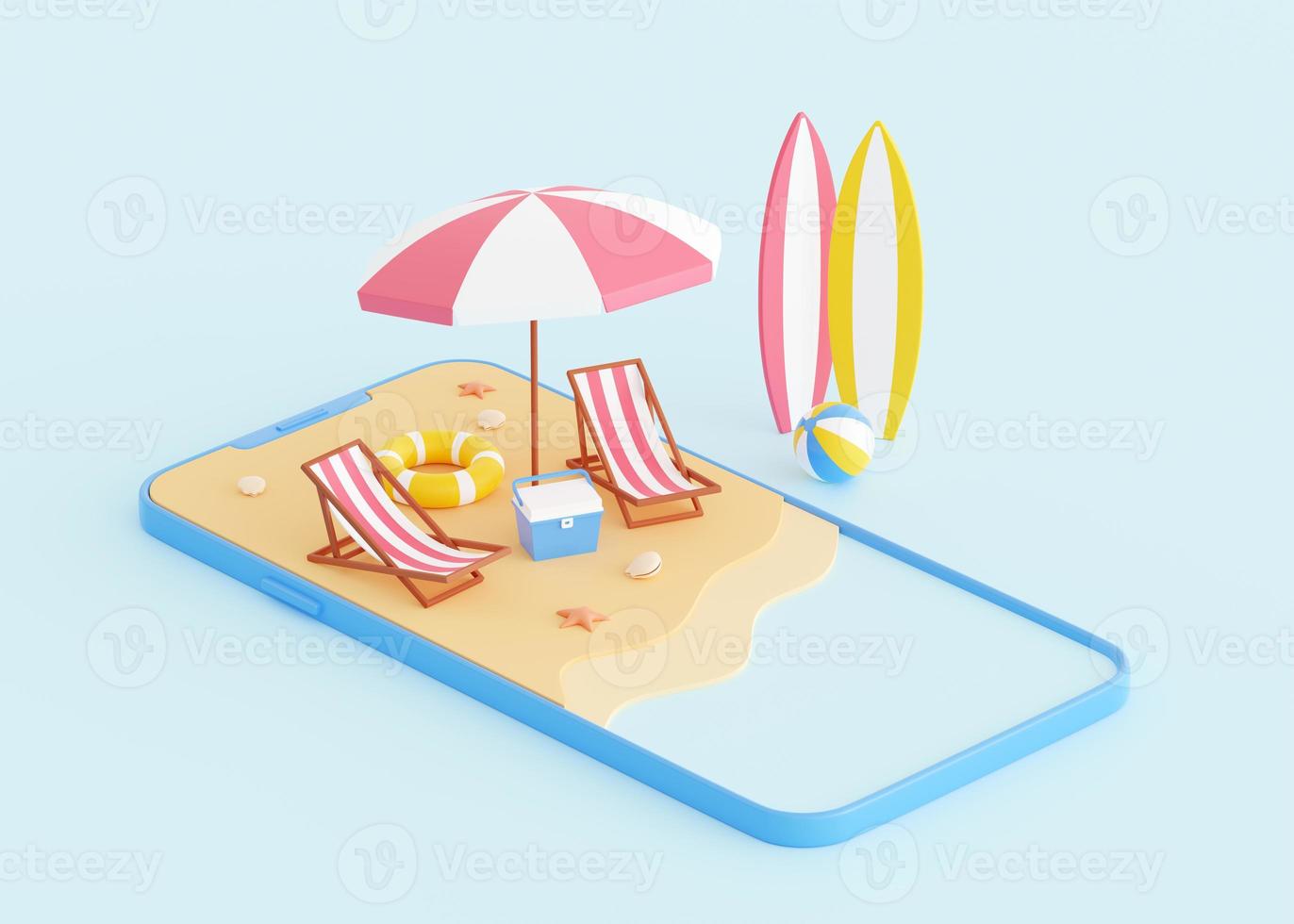 Summer beach vacation 3d render - cartoon sand island with umbrella and lounger on smartphone screen. photo