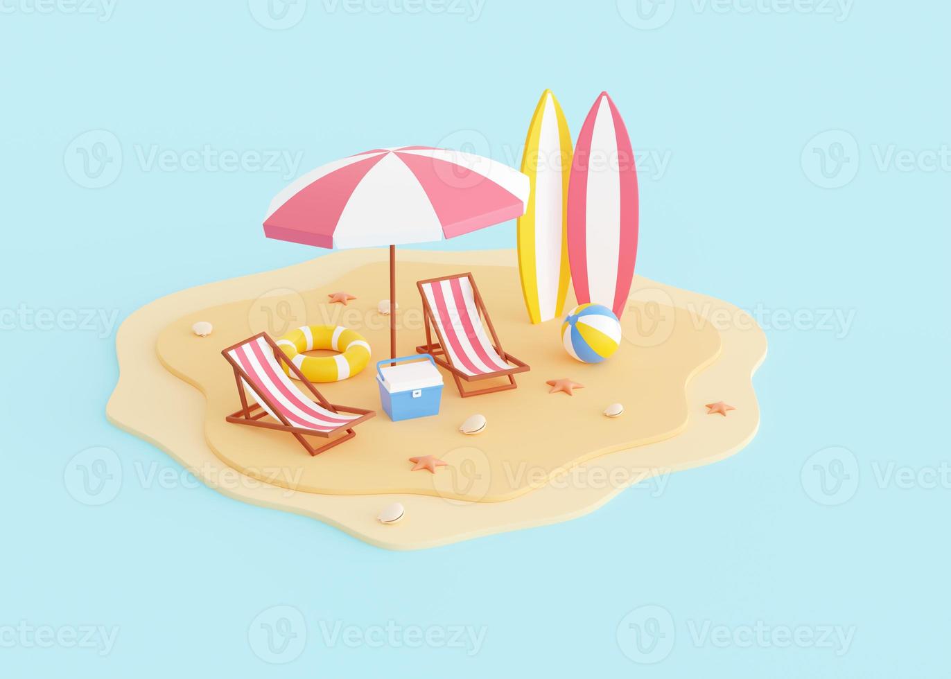 render 3d de vacaciones de verano en la playa - isla de arena de dibujos animados con sombrilla y tumbona. foto