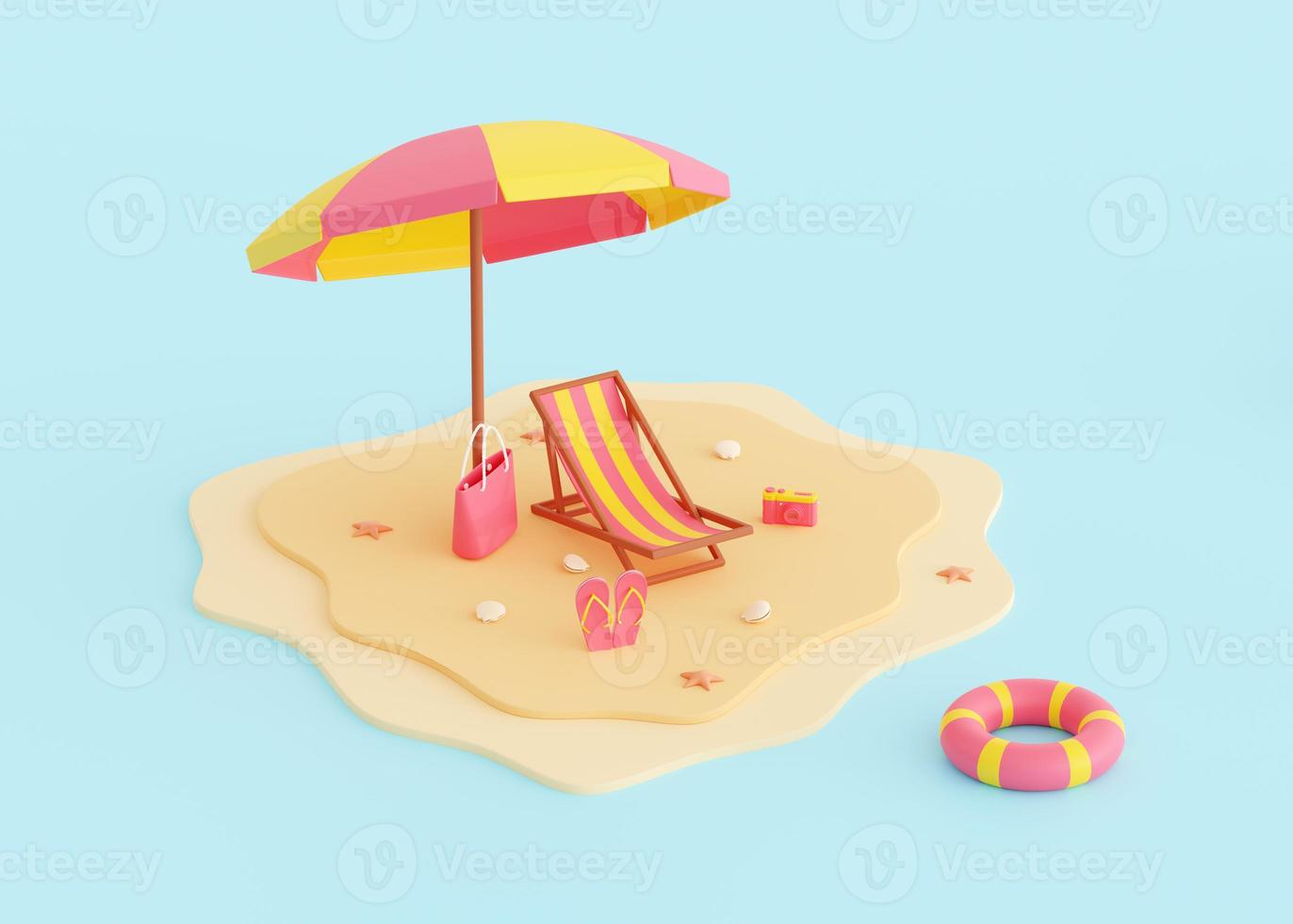 Summer beach vacation 3d render - cartoon scene of summer seaside vacation on sandy shore. photo