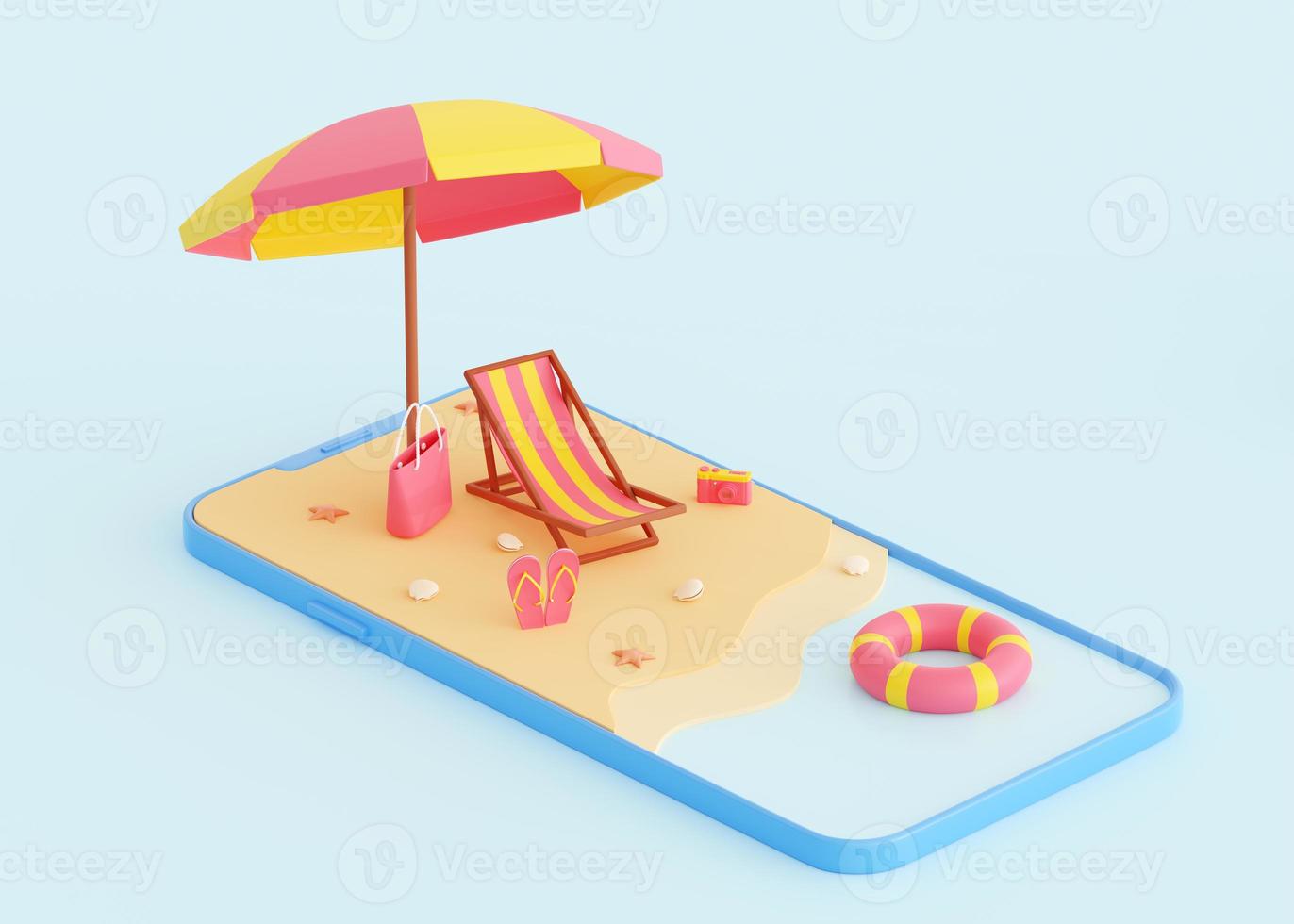 Summer beach vacation 3d render - cartoon scene of summer seaside vacation on sandy shore on smartphone screen. photo