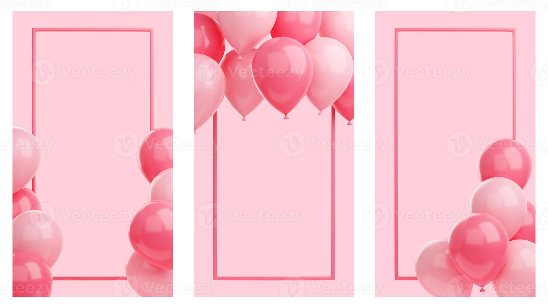 Congratulation banner with balloons and frame on pink background - 3d render social media story for birthday or anniversary greetings. photo