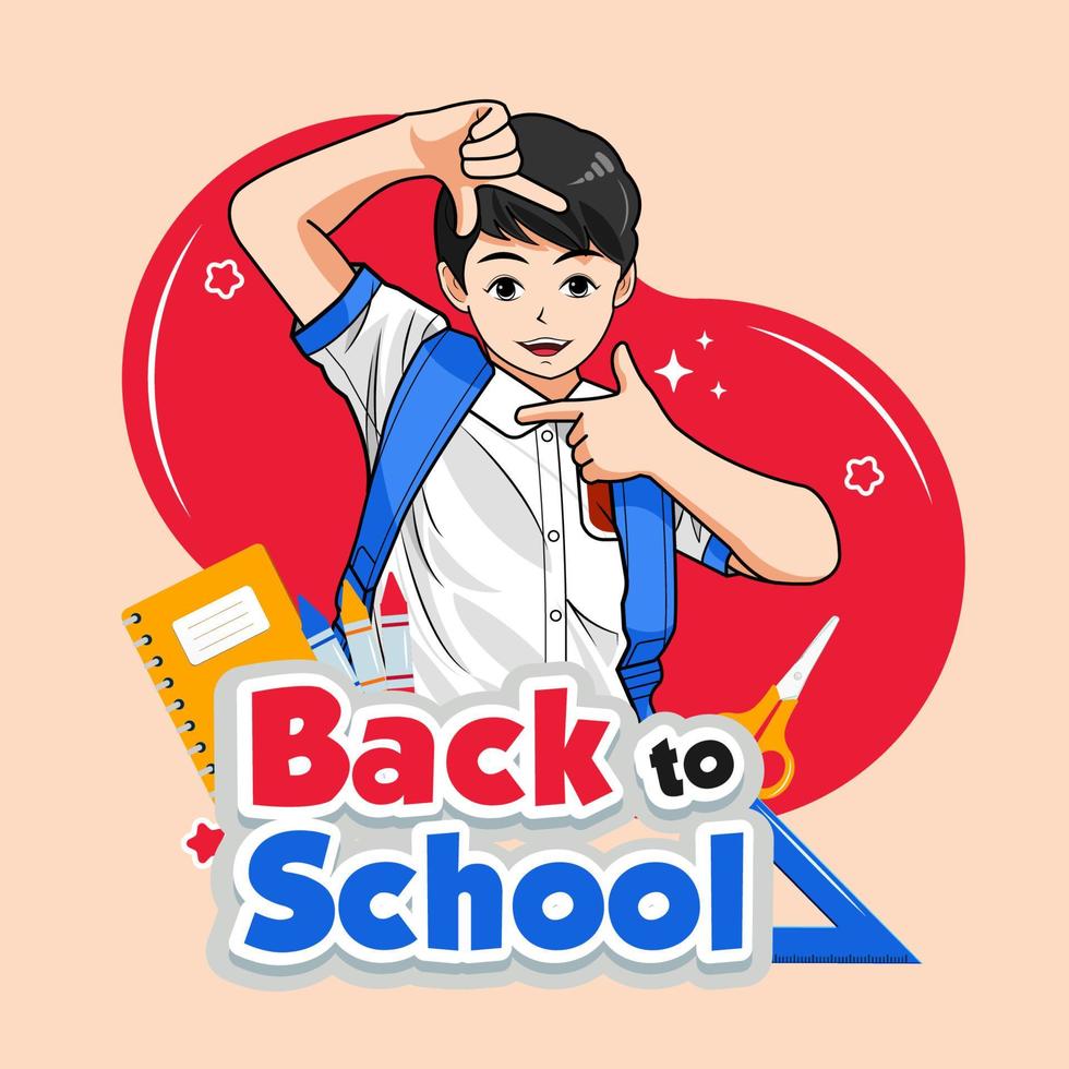 Back to school. A schoolboy with his backpack is posing and smiling vector illustration pro download