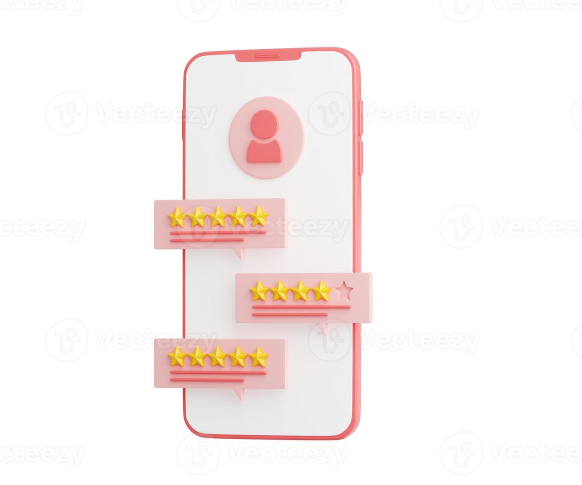 Customer review 3d render illustration - pink mobile phone with rating and comment on speech bubble. photo
