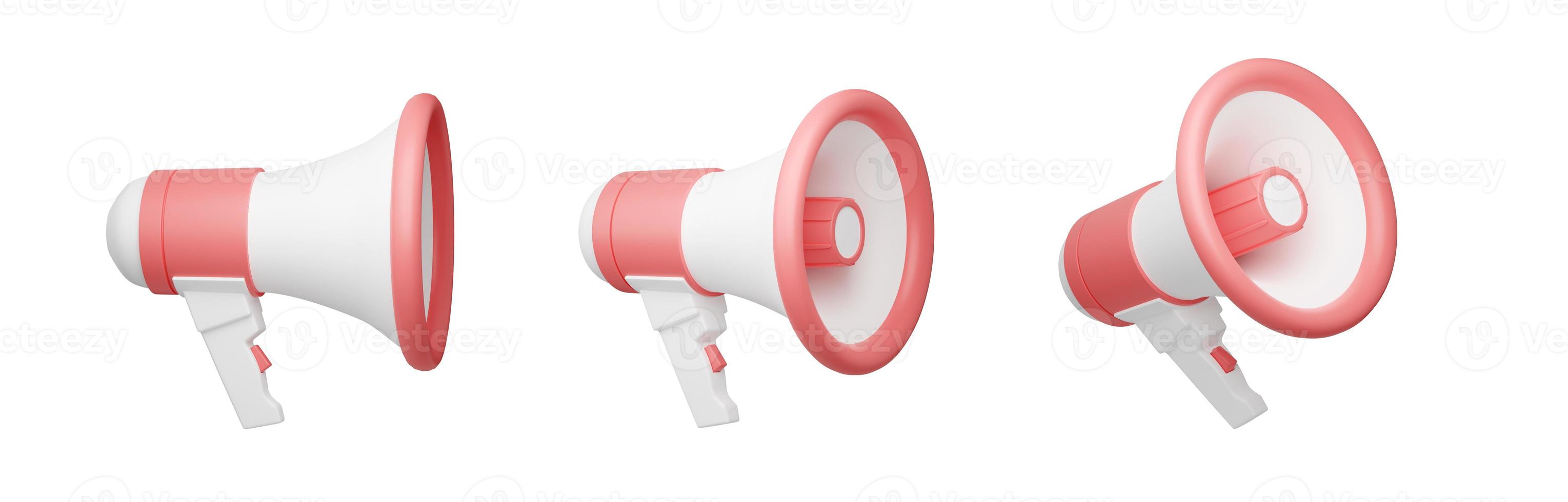 Loudspeaker 3d render illustration set. Collection of pink megaphone of various position photo