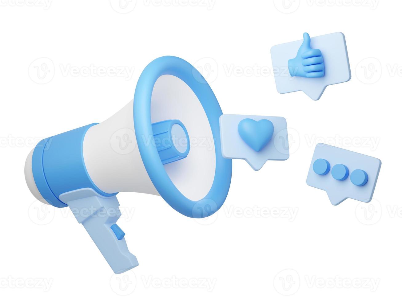 Loudspeaker with social media icons on speech bubbles 3d render photo