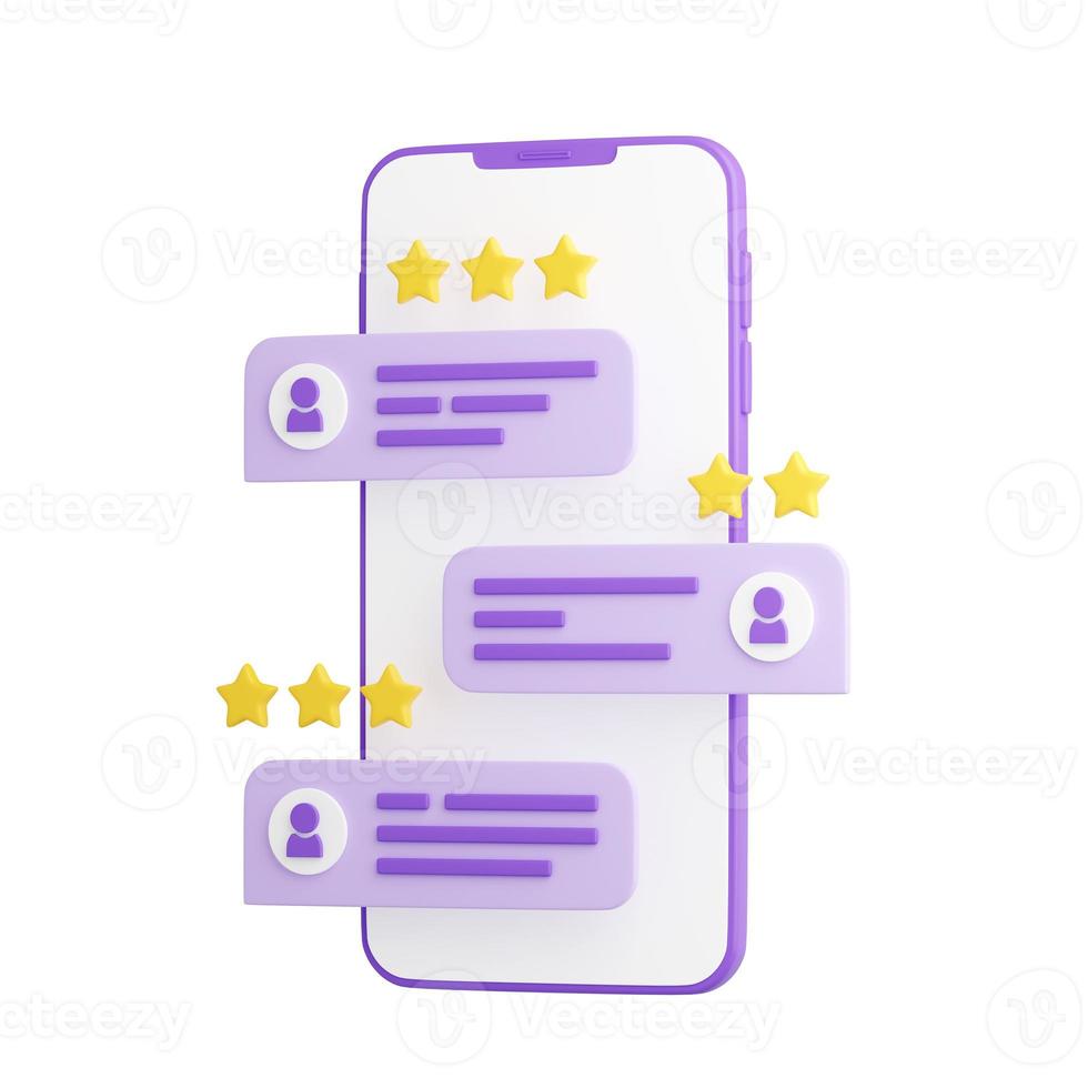 Customer review 3d render illustration - purple mobile phone with rating and comment on speech bubble. photo