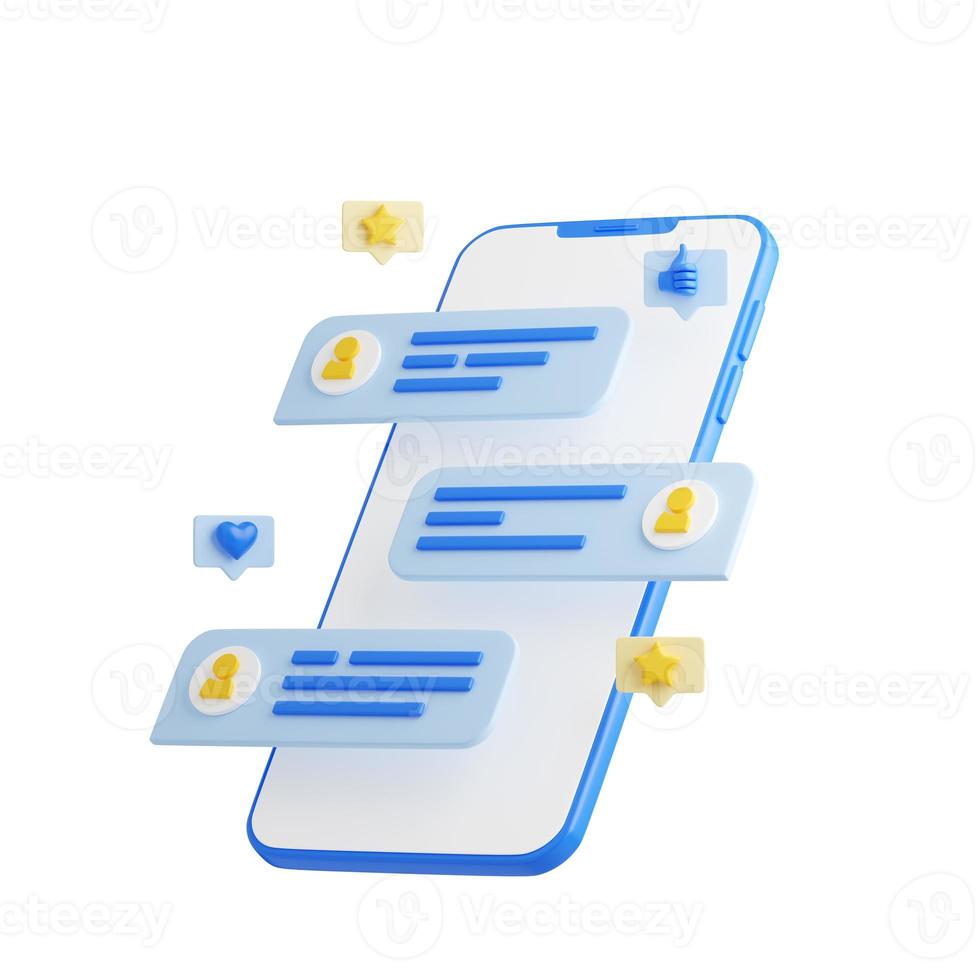 Customer review 3d render - mobile phone with feedback application with star rating and comments from users. photo