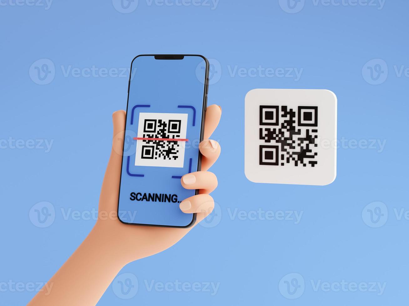 Qr code scan concept - human hand holding mobile phone with barcode scanning process 3d render illustration. photo