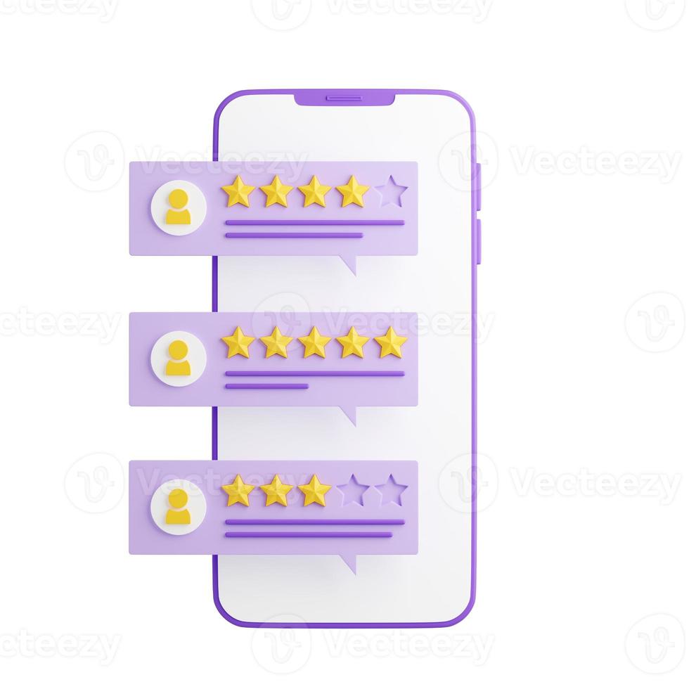 Customer review 3d render illustration - purple mobile phone with rating and comment on speech bubble. photo