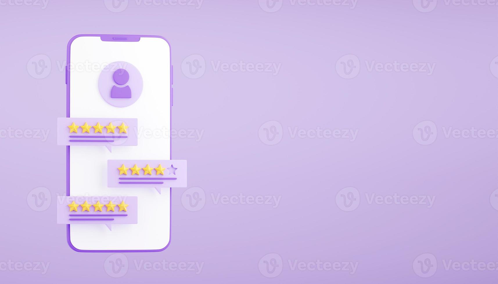 Customer review 3d render illustration - purple mobile phone with rating and comment on speech bubble. photo