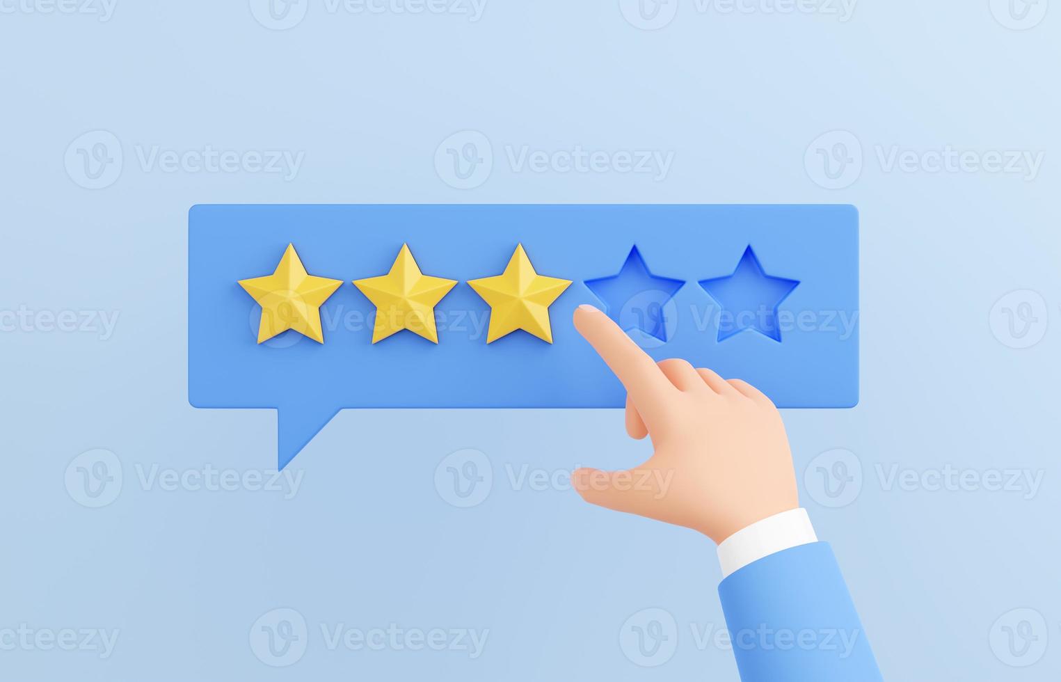 Customer review 3d render - human hand marking 3 star on speech buble. Negative client experience concept. photo