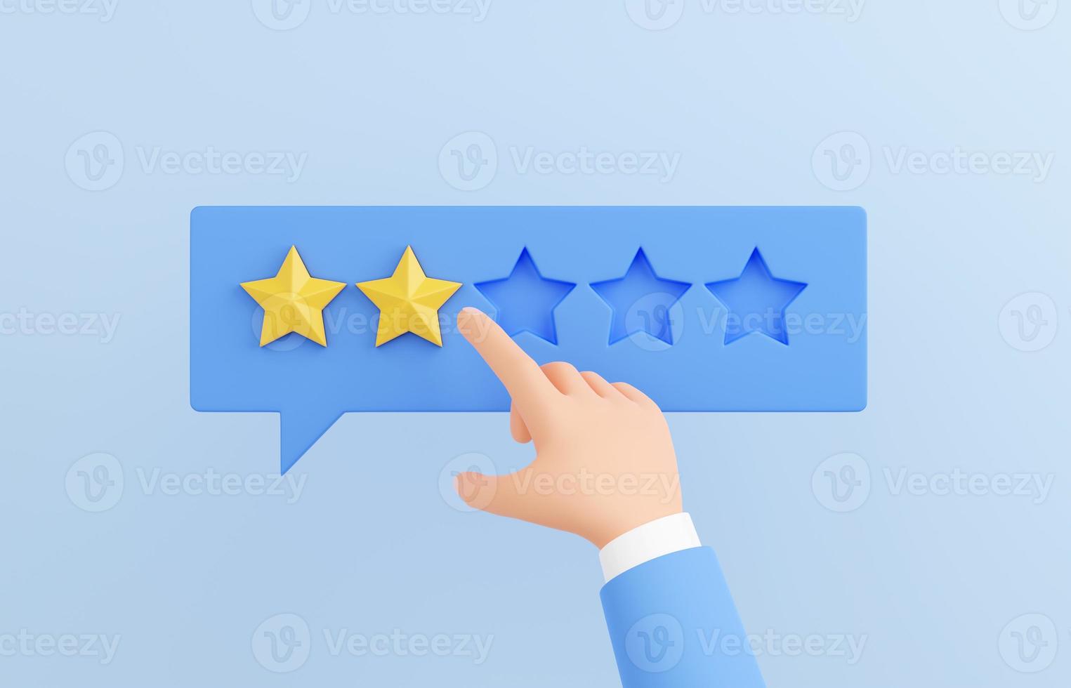 Customer review 3d render - human hand marking 2 star on speech buble. Negative client experience concept. photo