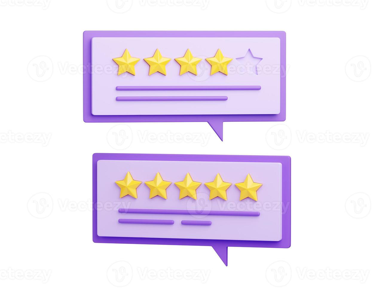 Customer review 3d render illustration - stars and text message on speech bubble. photo