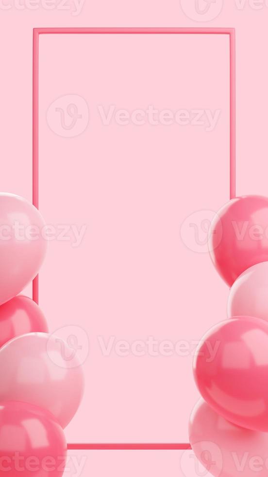 Congratulation banner with balloons and frame on pink background - 3d render social media story. photo