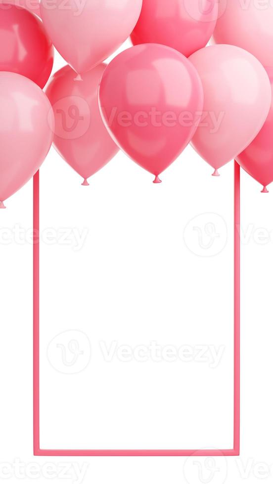 banner de felicitación con globos rosas y marco sobre fondo blanco - 3d render historia de medios sociales foto