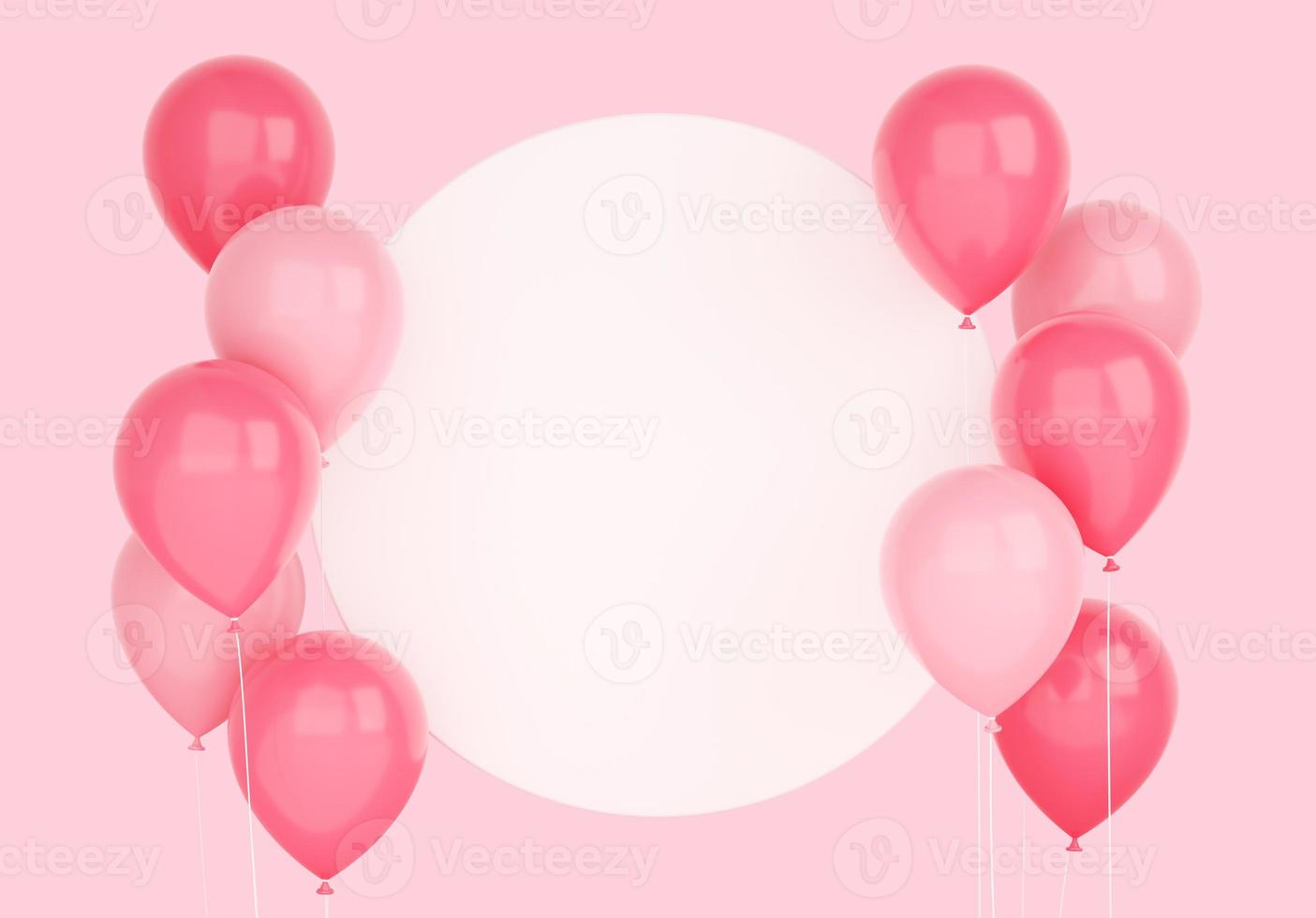 Glossy flying pink balloons with round white banner 3d render illustration. photo