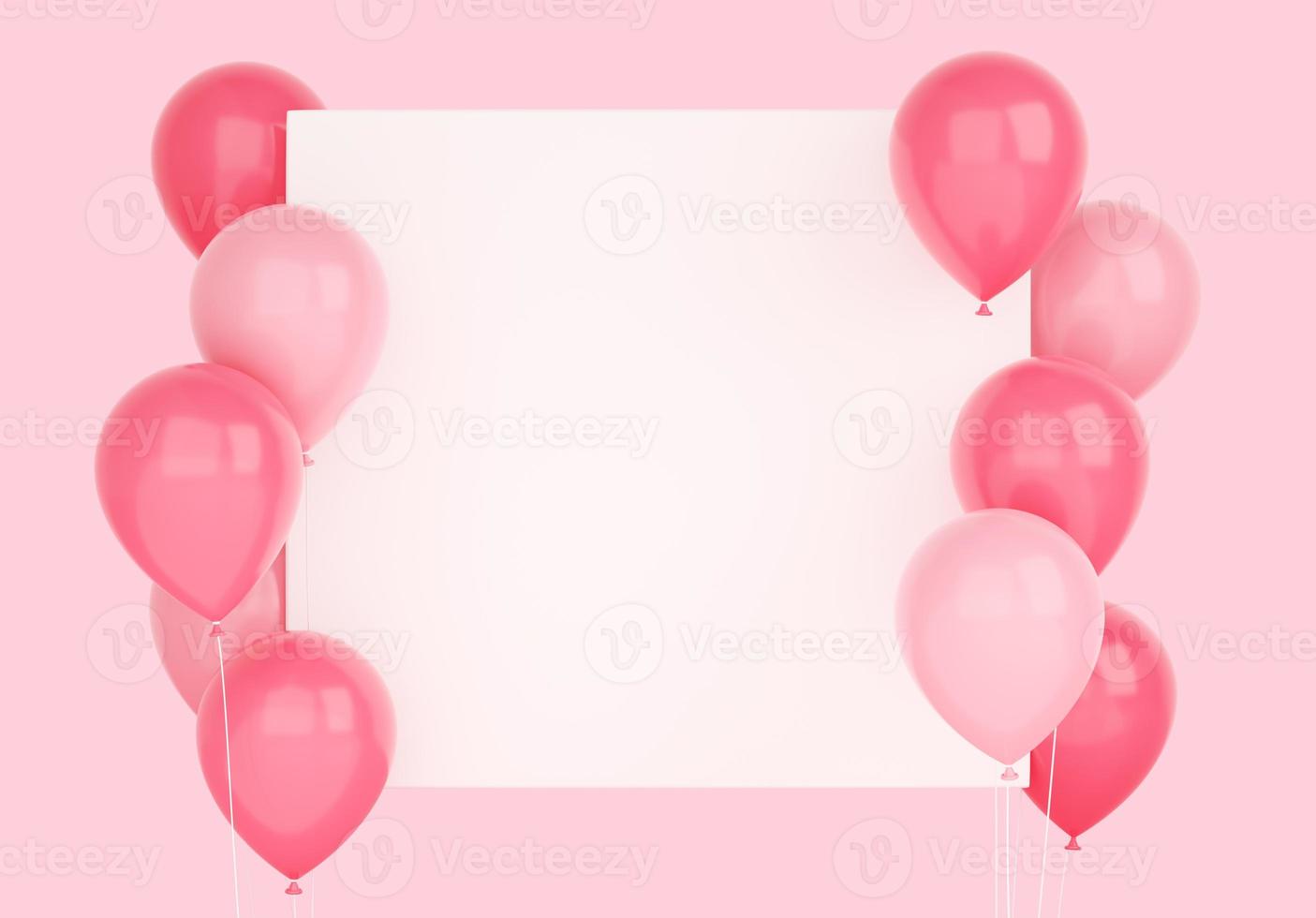 Glossy flying pink balloons with square white banner 3d render illustration. photo