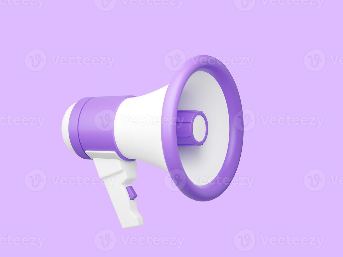 Purple loudspeaker 3d render illustration. Megaphone isolated on white background for advertising or sale announce. photo