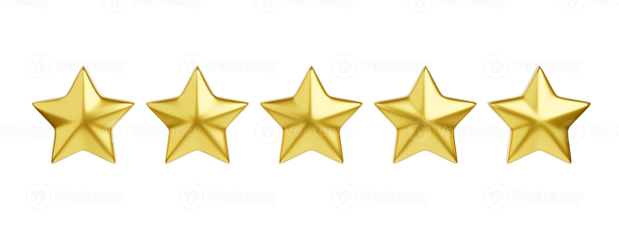 Five golden stars 3d render illustration for customer review concept. photo