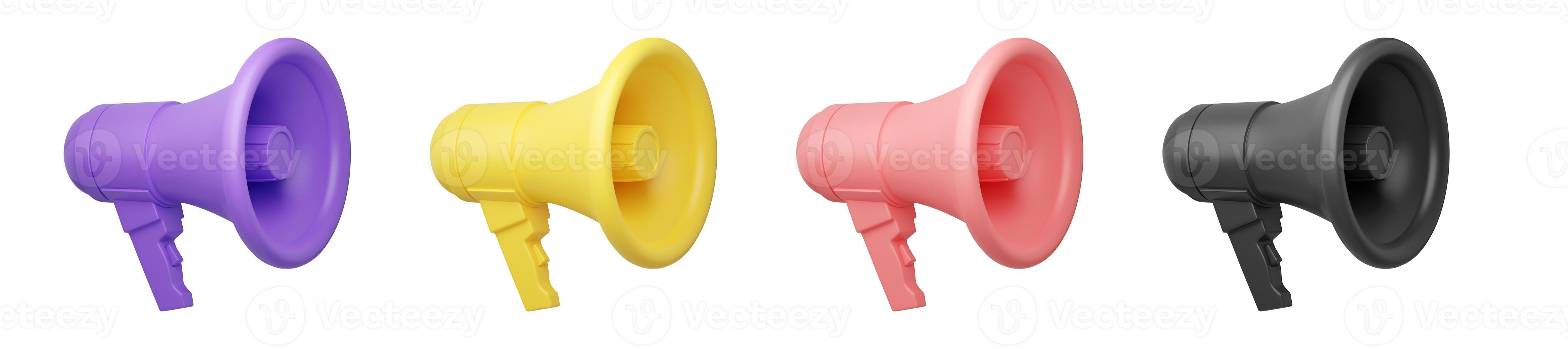 Loudspeaker 3d render illustration set. Megaphone of various colors isolated on white background for announce. photo