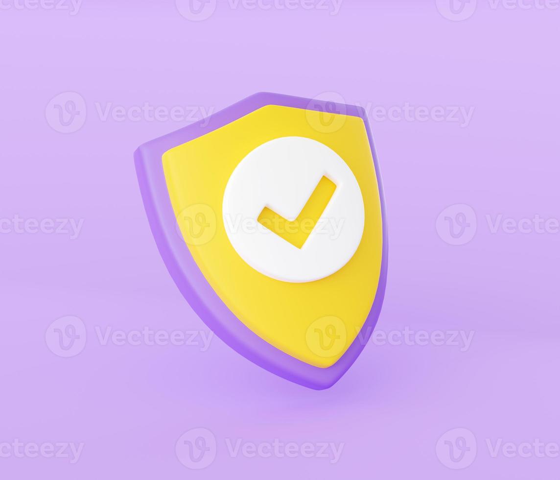 Shield with tick 3d render - security and safety concept with check mark on shield isolated on purple background. photo