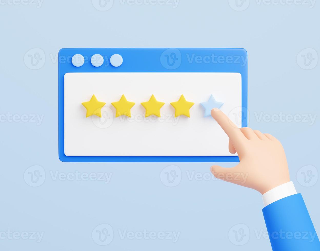 Customer review 3d render - human hand marking 5 star on web browser. photo