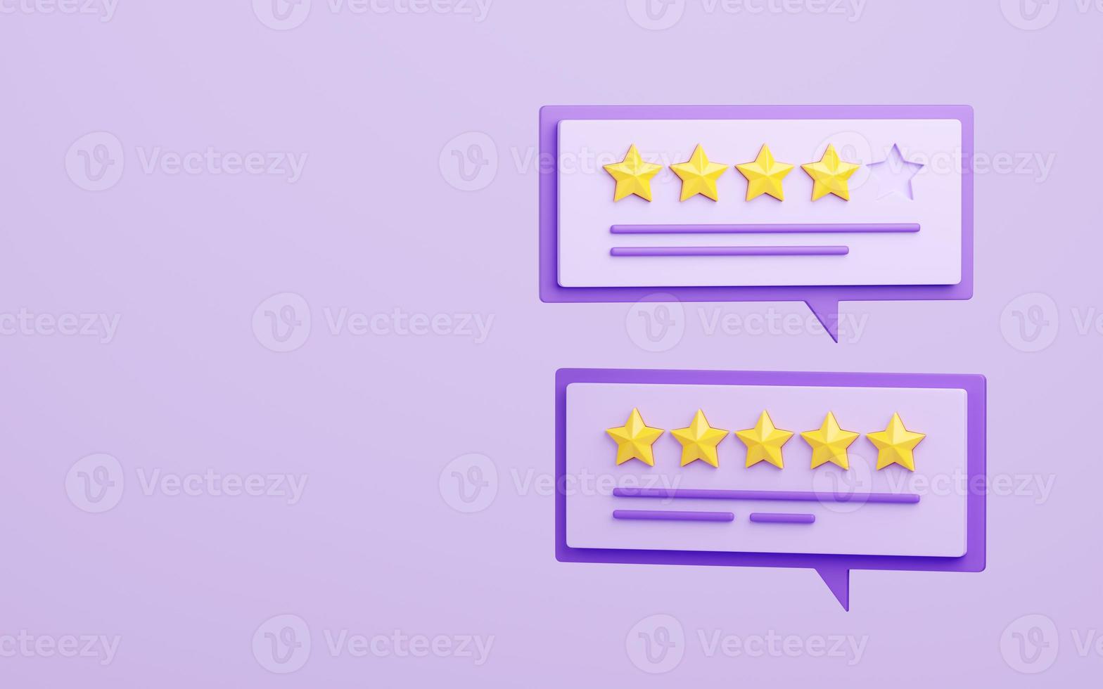 Customer review 3d render illustration - stars and text message on speech bubble. photo