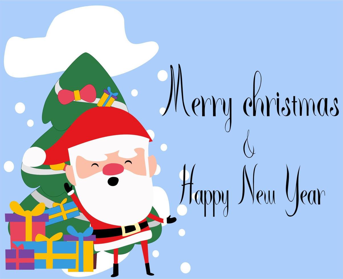 merry christmas background with pictures of santa claus,  gifts,  snow, and fir trees vector