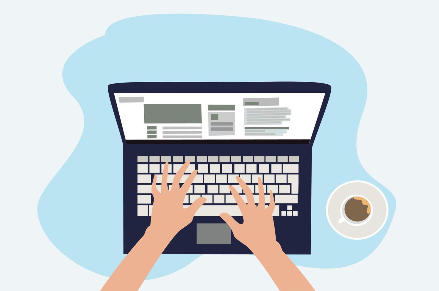 illustration of hands typing using a laptop with a cup of coffee vector