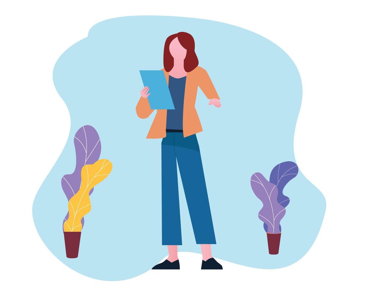 illlustration of a woman reading a script or speech vector