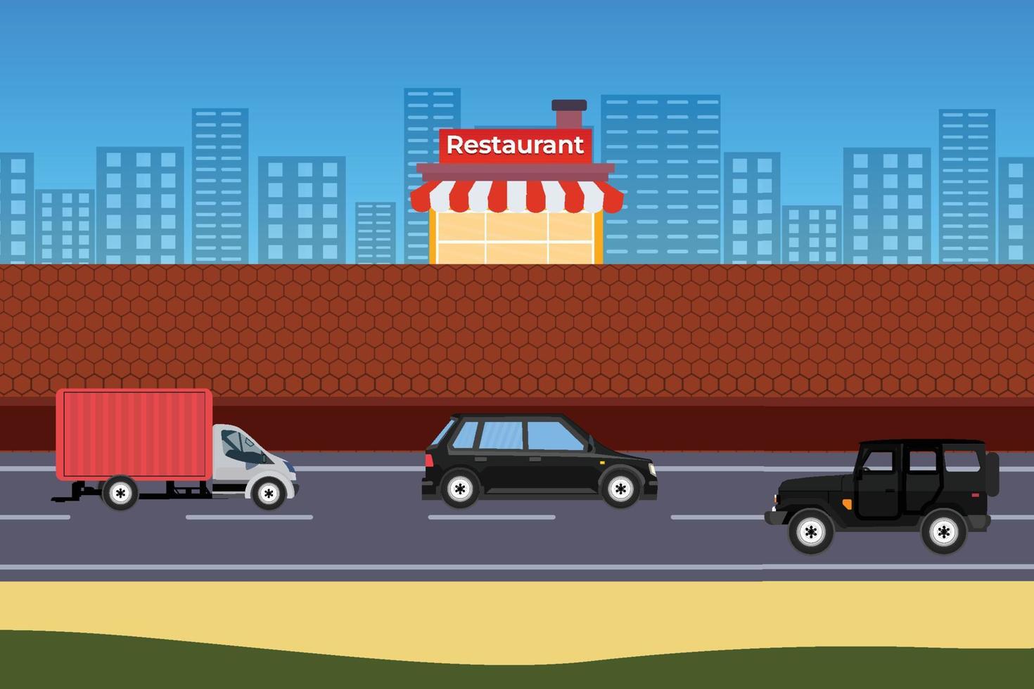 vehículo en movimiento en una vía urbana con un vector de restaurante callejero. coches en un fondo de paisaje urbano e ilustración de pared de ladrillo. restaurantes de la ciudad y tráfico en el concepto de diseño plano de la carretera.