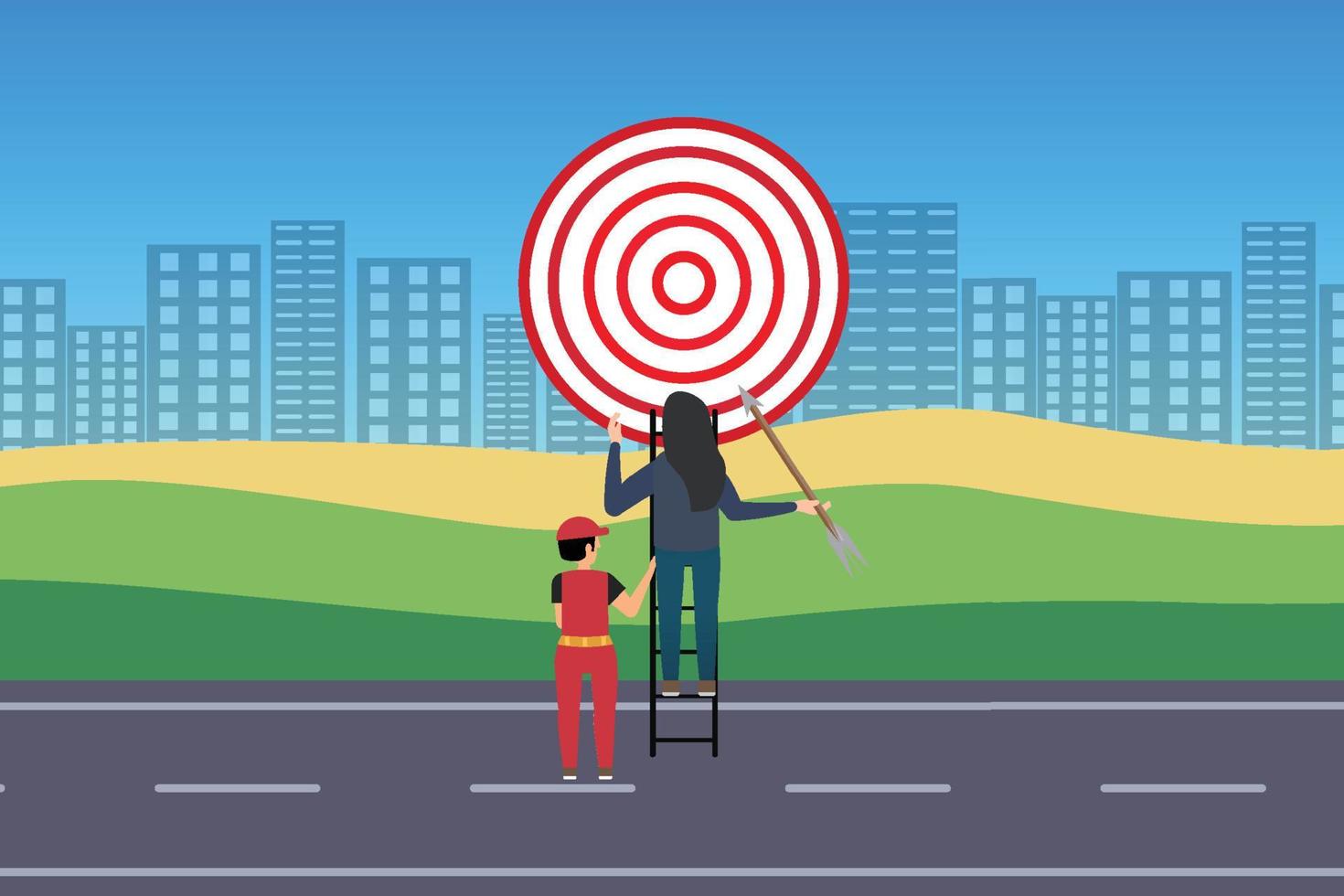 A worker helping a woman to place an arrow on a dartboard vector. Flat character illustration with a cityscape background and greenfield. Girl on an urban road, placing an arrow on a dartboard. vector