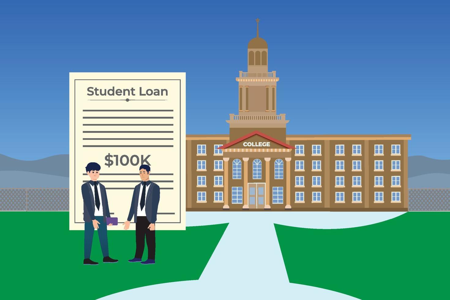 Student loan concept with college and loan paper vector. Male flat character illustration with a banker and student shaking hands. University study loan concept with greenfield vector. vector